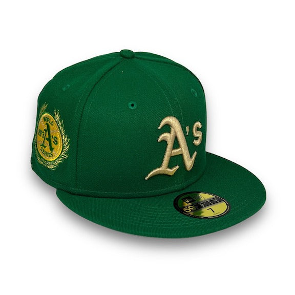 Olive Green Oakland Athletics Tan Visor Gray Bottom 50th Anniversary Side Patch New Era 59FIFTY Fitted 71/4