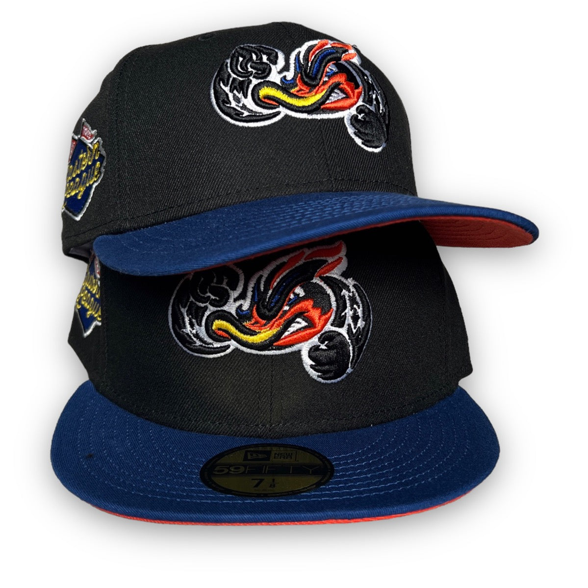 Akron RubberDucks 59FIFTY New Era Black & Blue Fitted Hat Orange Botto