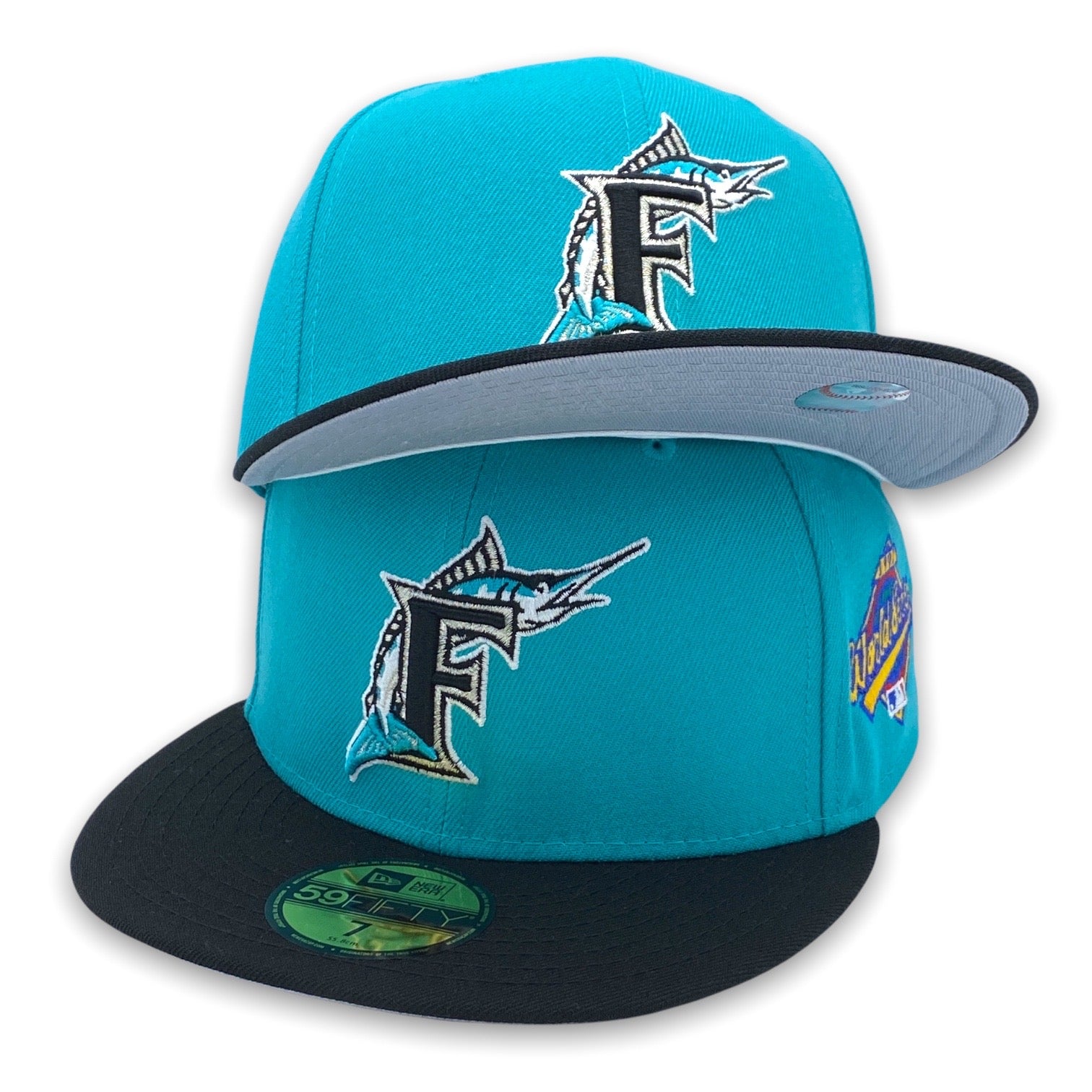 New Era 59FIFTY Silky Pink UV Miami Marlins 25th Anniversary of 1997 World Series Championship Patch Hat - Teal, Black Teal / 7 5/8
