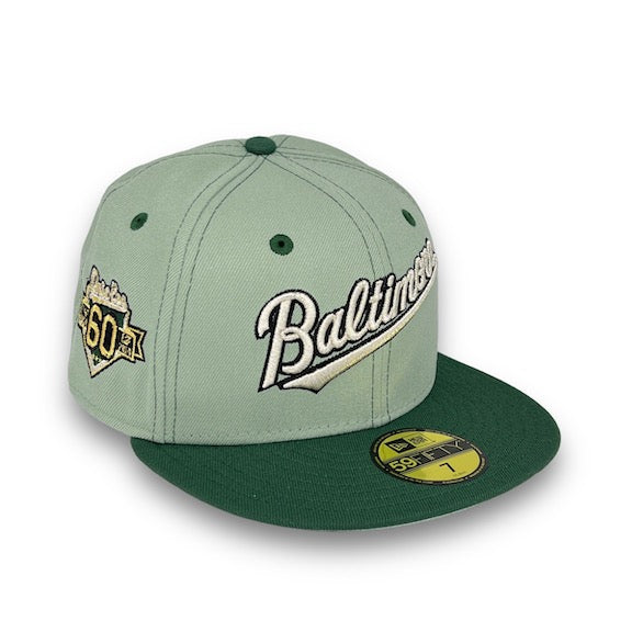 Baltimore Orioles 60th Anni. 59FIFTY New Era E Green & P Green Fitted Hat Snow Grey UV