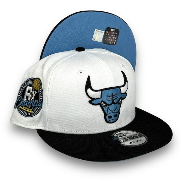 Bulls 6x 9FIFTY New Era White & Black Snapback Hat Sky Blue UV