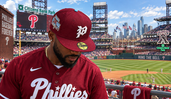 Classic Phillies 🔔 9.16.26 2pm ET A Philadelphia Phillies baseball player in a maroon home jersey and matching cap stands in the stands at Citizens Bank Park, with the baseball field and city skyline visible in the background.