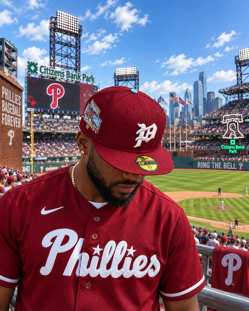 Classic Phillies 🔔 9.16.26 2pm ET A man wearing a Philadelphia Phillies red baseball cap and matching red jersey stands in Citizens Bank Park, looking down toward the field.