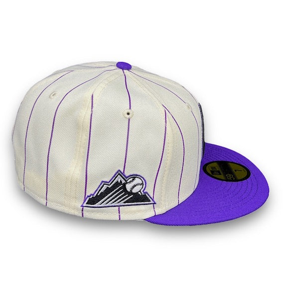 Colorado Rockies Stripes 59FIFTY New Era Off White & Purple Fitted Hat Grey Bottom