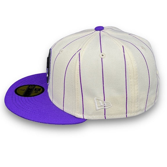 Colorado Rockies Stripes 59FIFTY New Era Off White & Purple Fitted Hat Grey Bottom