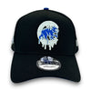 Black cap with a blue and white logo on a white background
