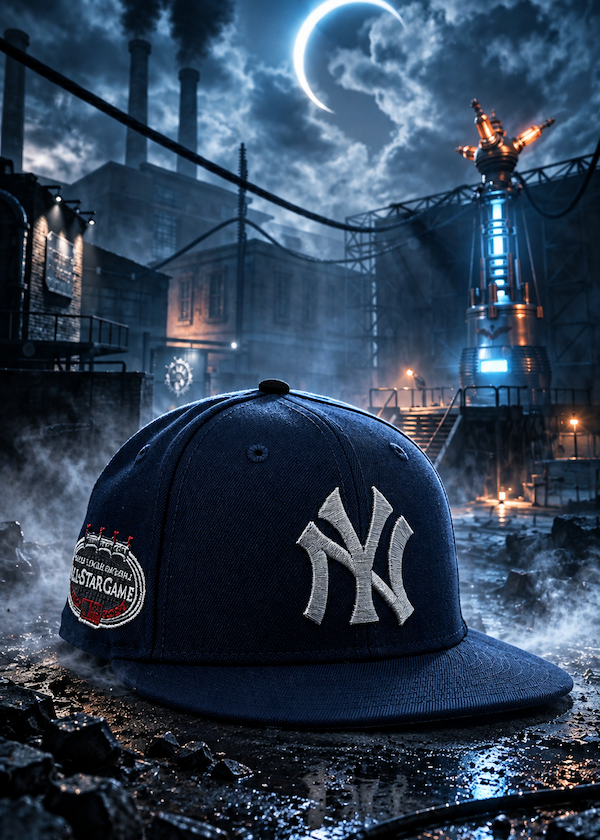 A navy blue New York Yankees snapback cap with a white embroidered NY logo sits in the foreground against a dramatic, dark industrial cityscape at night with smokestacks, steam, and a glowing crescent moon in the sky.