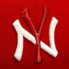 Embroidered 'NY' logo on a red background