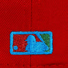 Embroidered logo on a red background