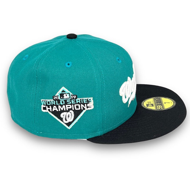 Nationals 19 WS New Era 59FIFTY NW Green & Black Hat Snow Grey Botton