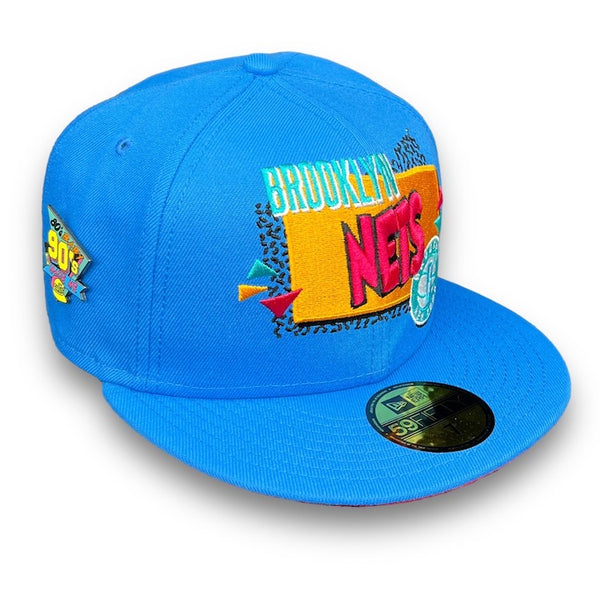 Nets Retro 59FIFTY New Era Blue Reef Fitted Hat Deep Pink Bottom