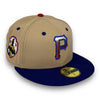 Pirates R. Clemente 59FIFTY New Era Camel & R. Blue Fitted Hat Kelly Bottom