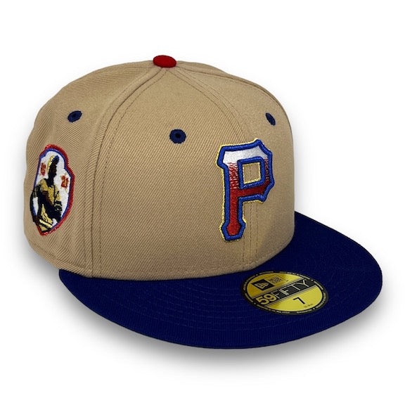 Pirates R. Clemente 59FIFTY New Era Camel & R. Blue Fitted Hat Kelly Bottom