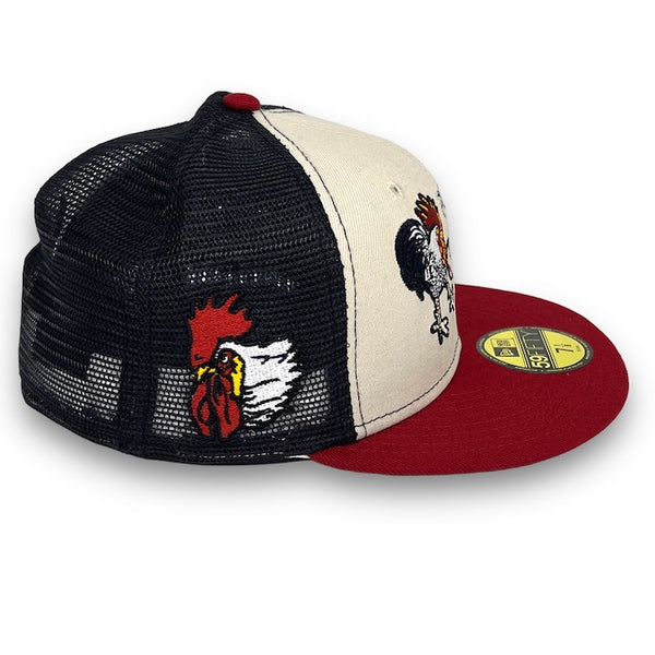 Port City Roosters 59FIFTY Stone / Navy & H Red Fitted Trucker Hat Grey Bottom