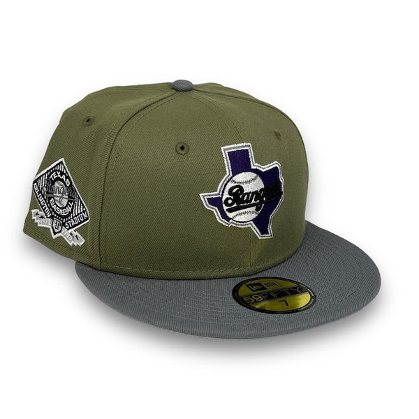 Rangers Stadium 59FIFTY New Era Green Bark & Storm Gray Fitted Hat Gray Bottom