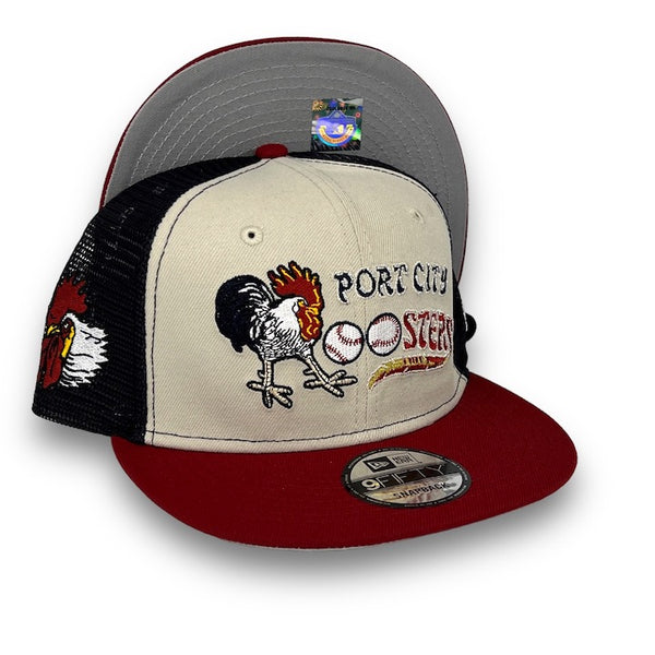 Roosters 9FIFTY New Era  Stone & H red Trucker Snapback Hat Gray Bottom