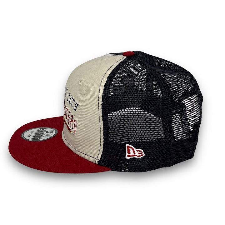 Roosters 9FIFTY New Era  Stone & H red Trucker Snapback Hat Gray Bottom