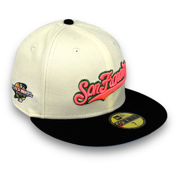 SF Giants 02 WS 59FIFTY New Era Off White & Black Fitted Hat New Blue Bottom