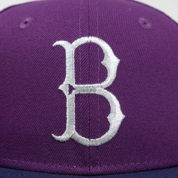 Purple cap with a white embroidered letter 'B' on a plain background- The Pirates Brooklyn 42 ASG 59FIFTY Grape New Era Hat