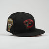 Black baseball cap with logos on a light gray background- The Pirates Dbacks 98 59FIFTY Black New Era Hat