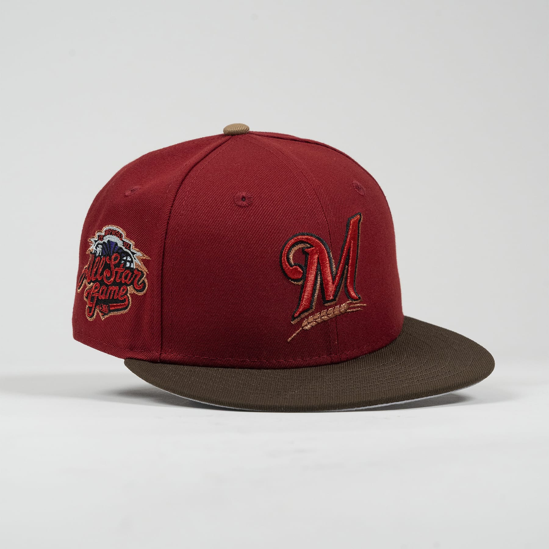 Red and brown baseball cap with logo on a light gray background The Pirates Expos 02 ASG 59FIFTY Brick New Era Hat