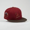 Red and brown baseball cap with logo on a light gray background The Pirates Expos 02 ASG 59FIFTY Brick New Era Hat