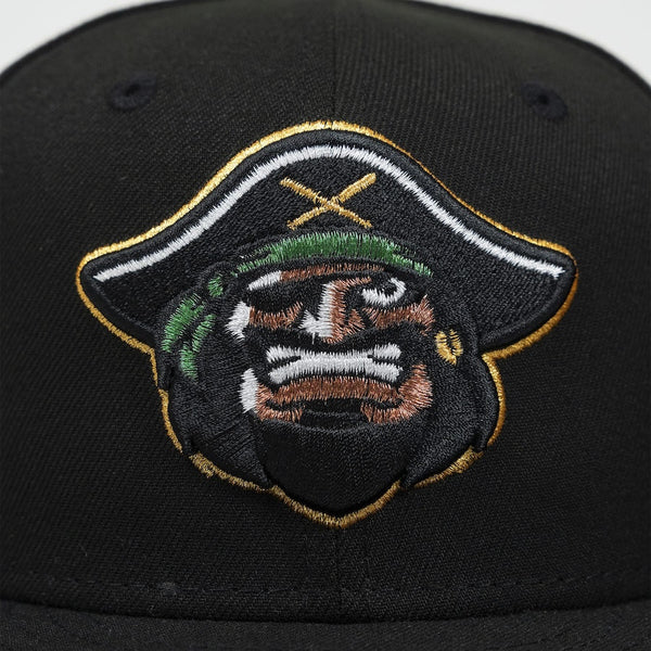 Black cap with a pirate-themed embroidered patch on a white background -Bradenton Marauders