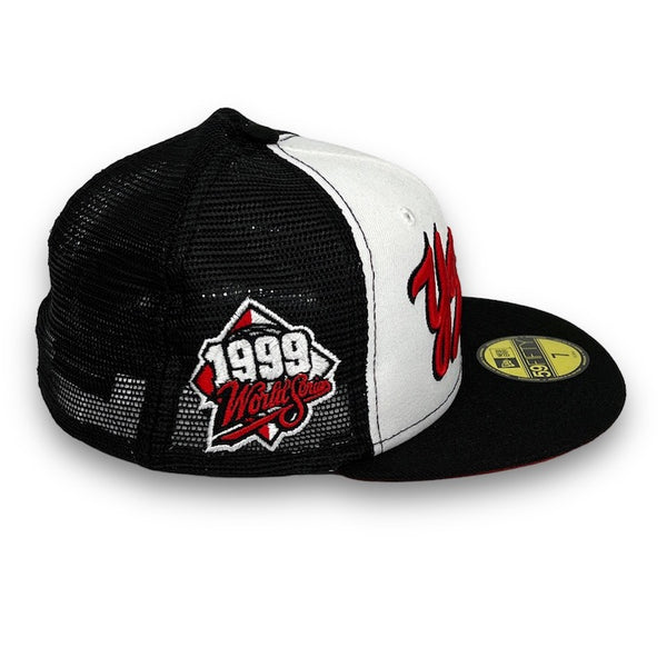 Yankees 99 WS 59FIFTY Trucker New Era White & Black Fitted Hat Red Bottom