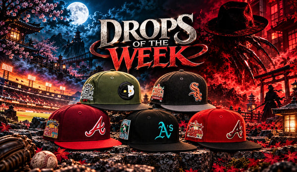 Five baseball caps displayed in front of a dramatic illustrated backdrop with the text 'DROPS OF THE WEEK.' The caps include Atlanta Braves, Oakland Athletics, Chicago White Sox, and Tampa Bay Rays designs in red, black, olive green, and dark gray.