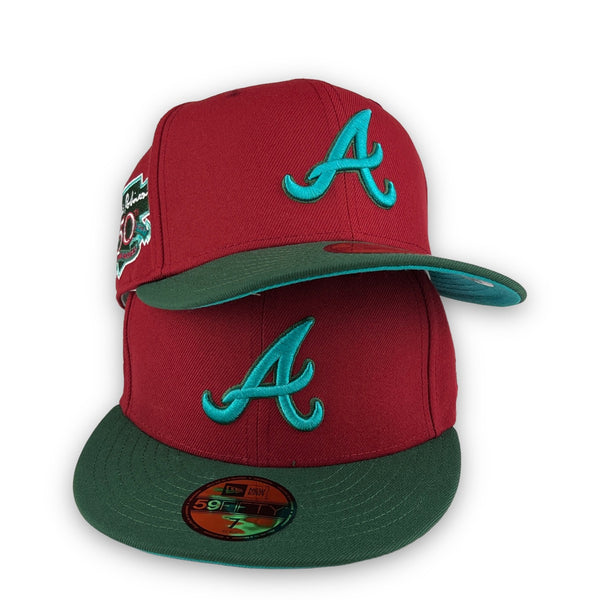 Braves JR 50th New Era 59FIFTY Pinot Red & Pine Green Hat Lava Teal Bottom