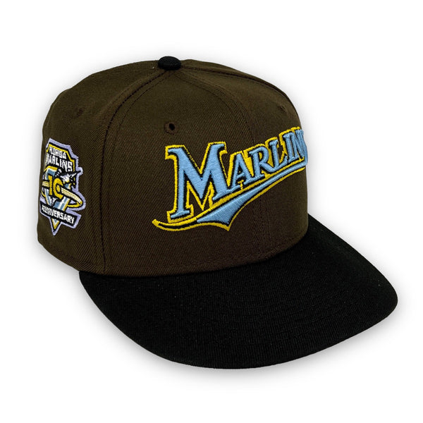 Calligraphy Pack Marlins 59FIFTY New Era Walnut & Black Green Fitted Hat Sky Blue Bottom