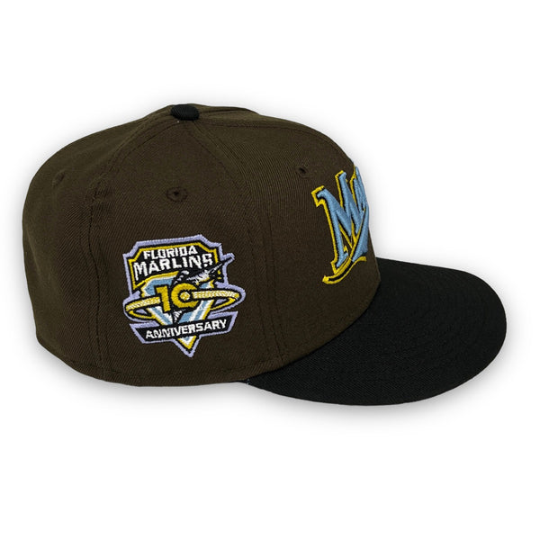 Calligraphy Pack Marlins 59FIFTY New Era Walnut & Black Green Fitted Hat Sky Blue Bottom