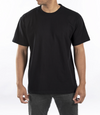 A person wearing a plain black crew neck t-shirt.