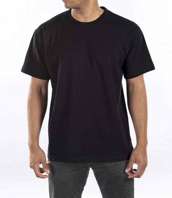 A person wearing a plain black crew neck t-shirt.