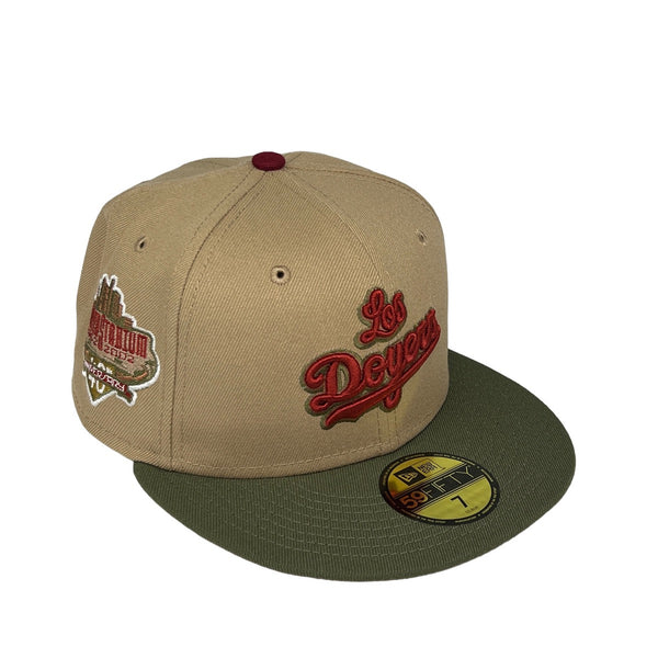 Los Doyers Dodgers New Era 59FIFTY Camel & Olive Fitted Hat H Red Bottom