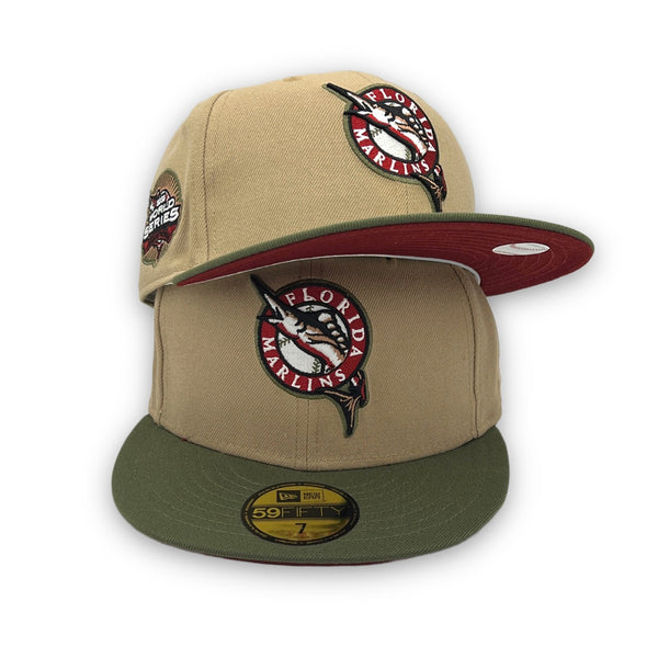 Marlins 2003 World Series New Era 59FIFTY Camel Olive Hat Dark Red UV