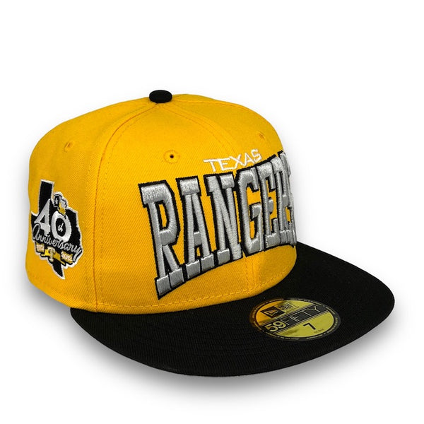 Texas Rangers New Era 59FIFTY Yellow & Black Hat Snow Gray Botton