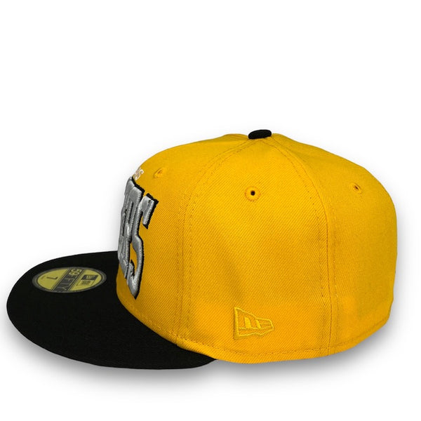 Texas Rangers New Era 59FIFTY Yellow & Black Hat Snow Gray Botton