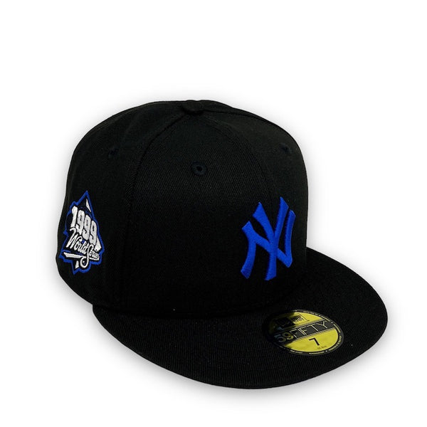 Yankees 99 WS New Era 59FIFTY Black Fitted Hat Royal Blue Bottom