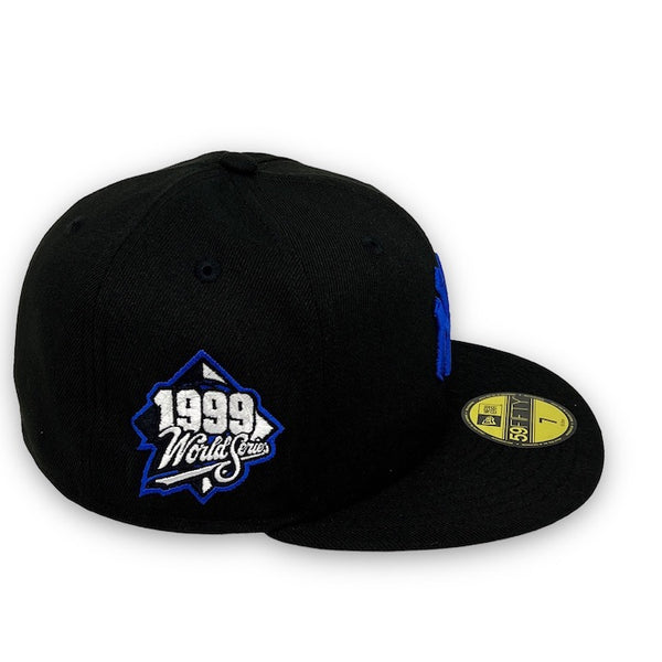 Yankees 99 WS New Era 59FIFTY Black Fitted Hat Royal Blue Bottom
